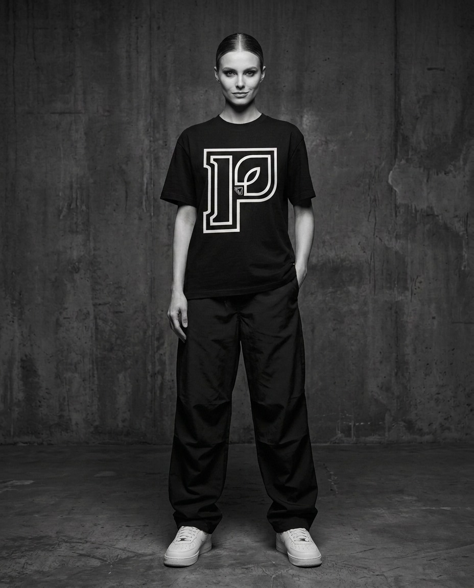 Relaxed female model in baggy pants and sneakers facing forward wearing the PÍESI Big P tee in a dark studio.
