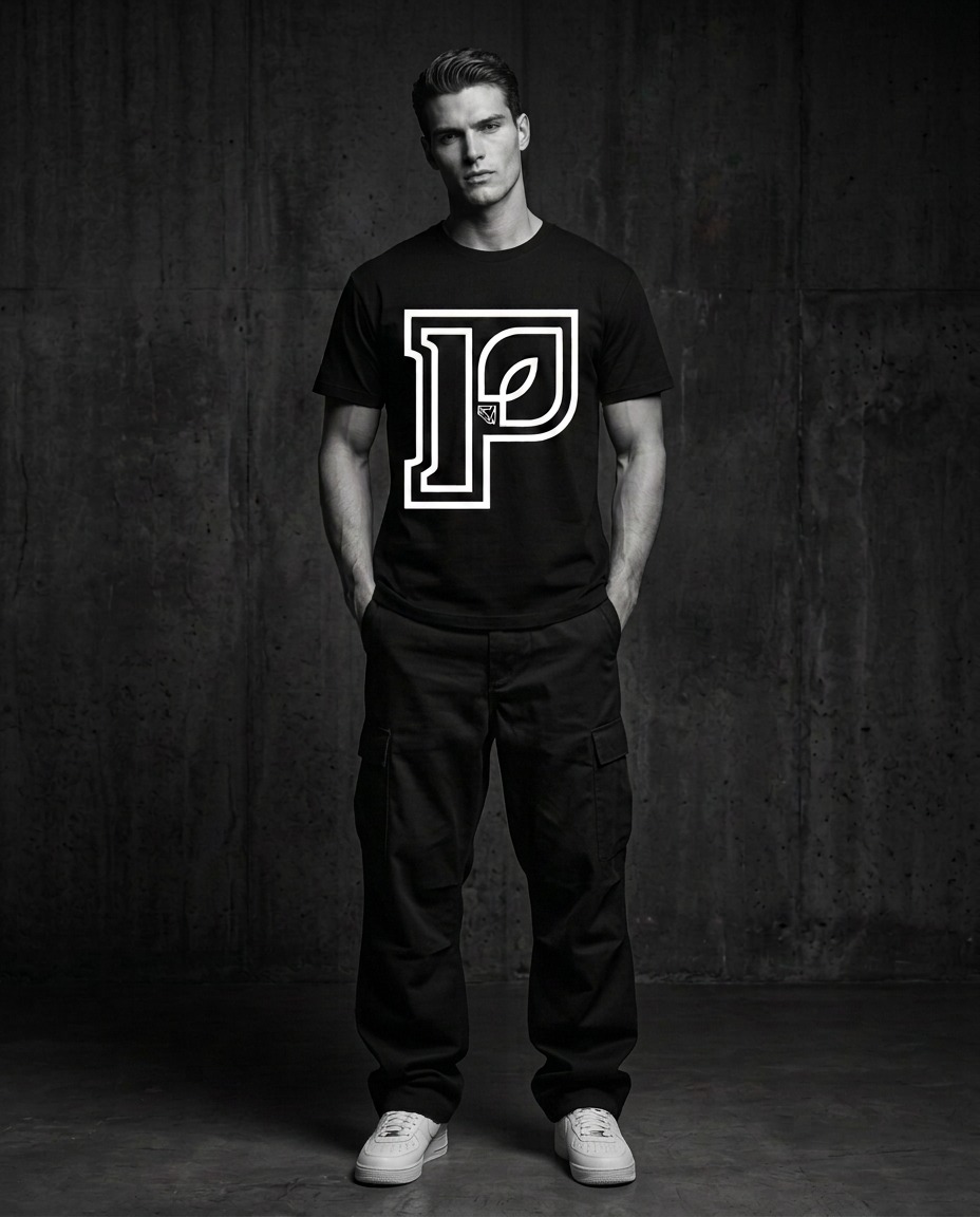 Relaxed male model in baggy pants and sneakers facing forward wearing the PÍESI Big P tee in a dark studio.